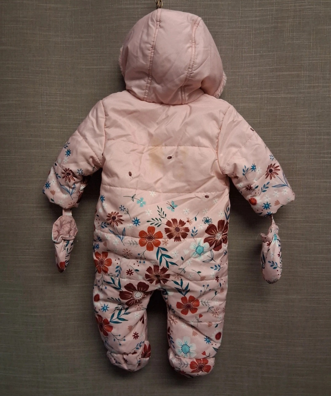 George Girls Pink Floral Padded Snowsuit Showerproof Age 3-6 Months With Mitts - Marked