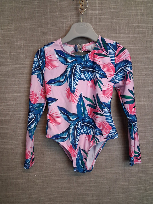 Shein Girls Pink Floral Long Sleeve Swimsuit One Piece Age 5 Years