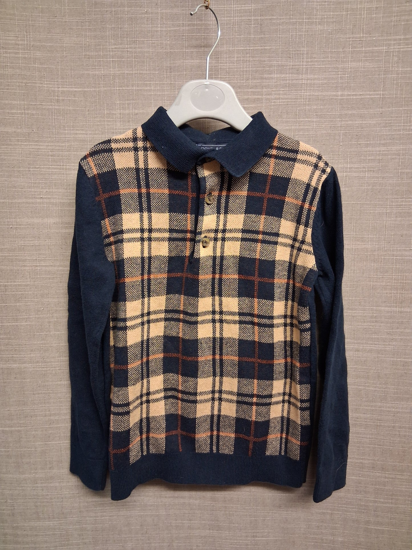 Next Boys Blue Beige Checked Long Sleeve Thin Knit Jumper Age 6 years