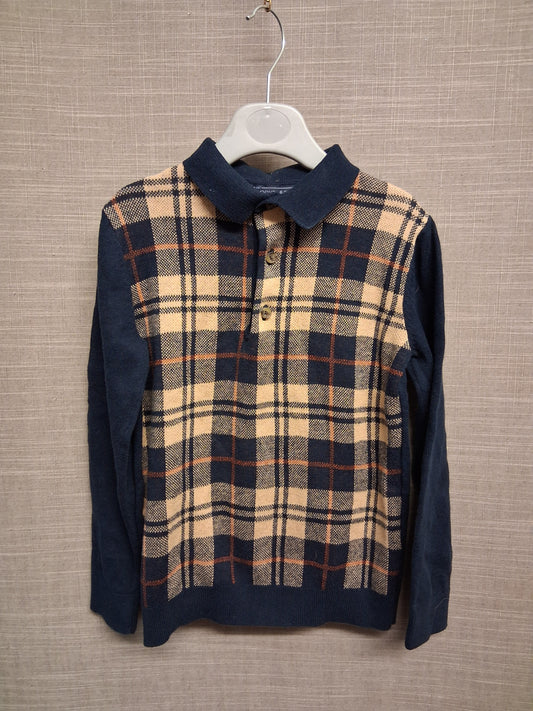 Next Boys Blue Beige Checked Long Sleeve Thin Knit Jumper Age 6 years