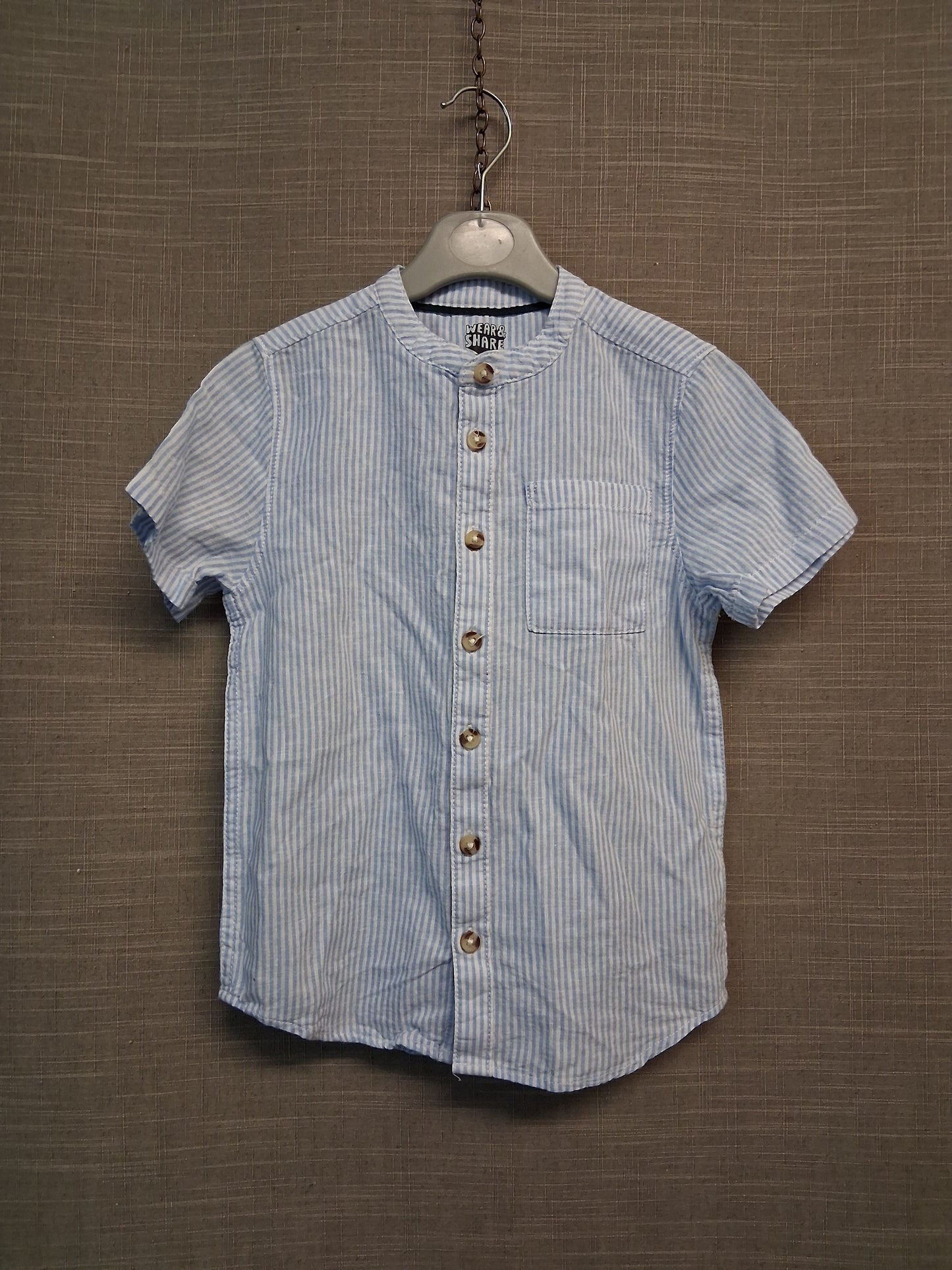 F&F Boys Blue White Striped Short Sleeve Shirt Age 5-6 Years