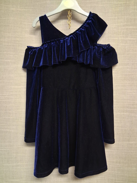 Next Girls Navy Blue Velour Cold Shoulder A Line Dress Age 6 Years