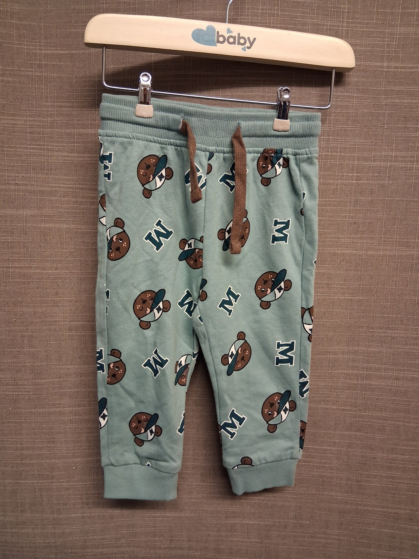 So Cute Boys Green Teddy Bear Print Joggers Age 6-9 Months