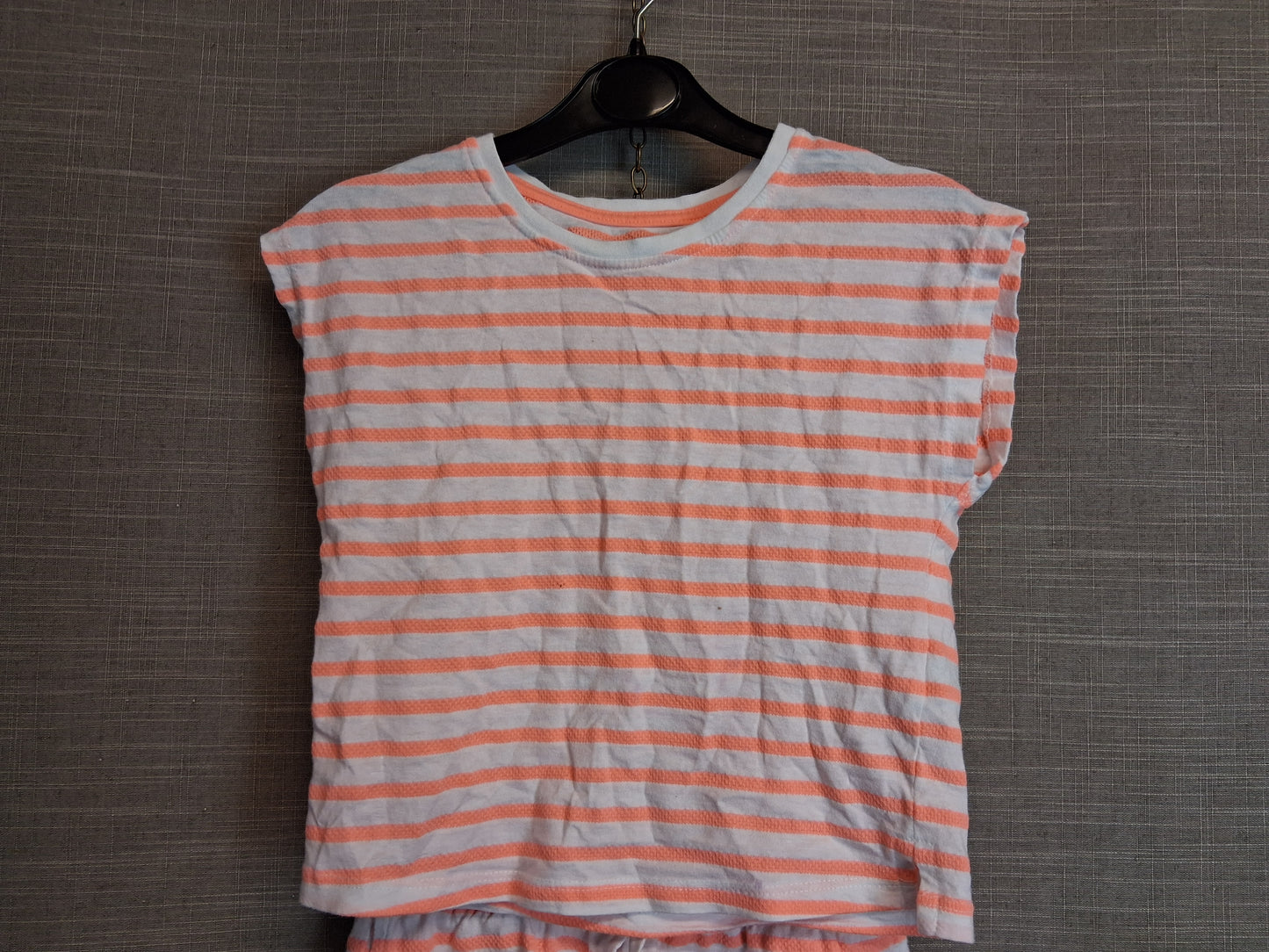 Primark Girls 2 Piece Outfit Age 6-7 Years Neon Orange and White Stripe Shorts & T-Shirt
