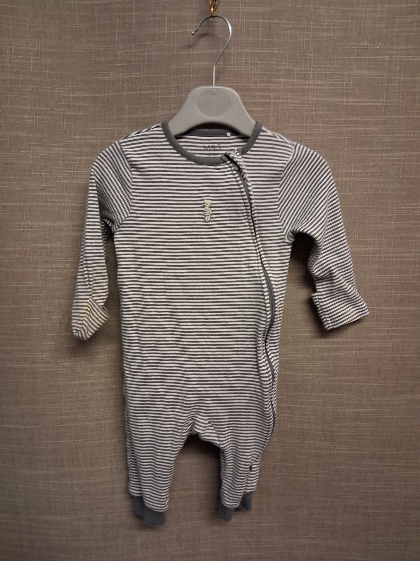 Marks and Spencer Boys Grey Striped Full Zip Sleepsuit Age 3-6 months