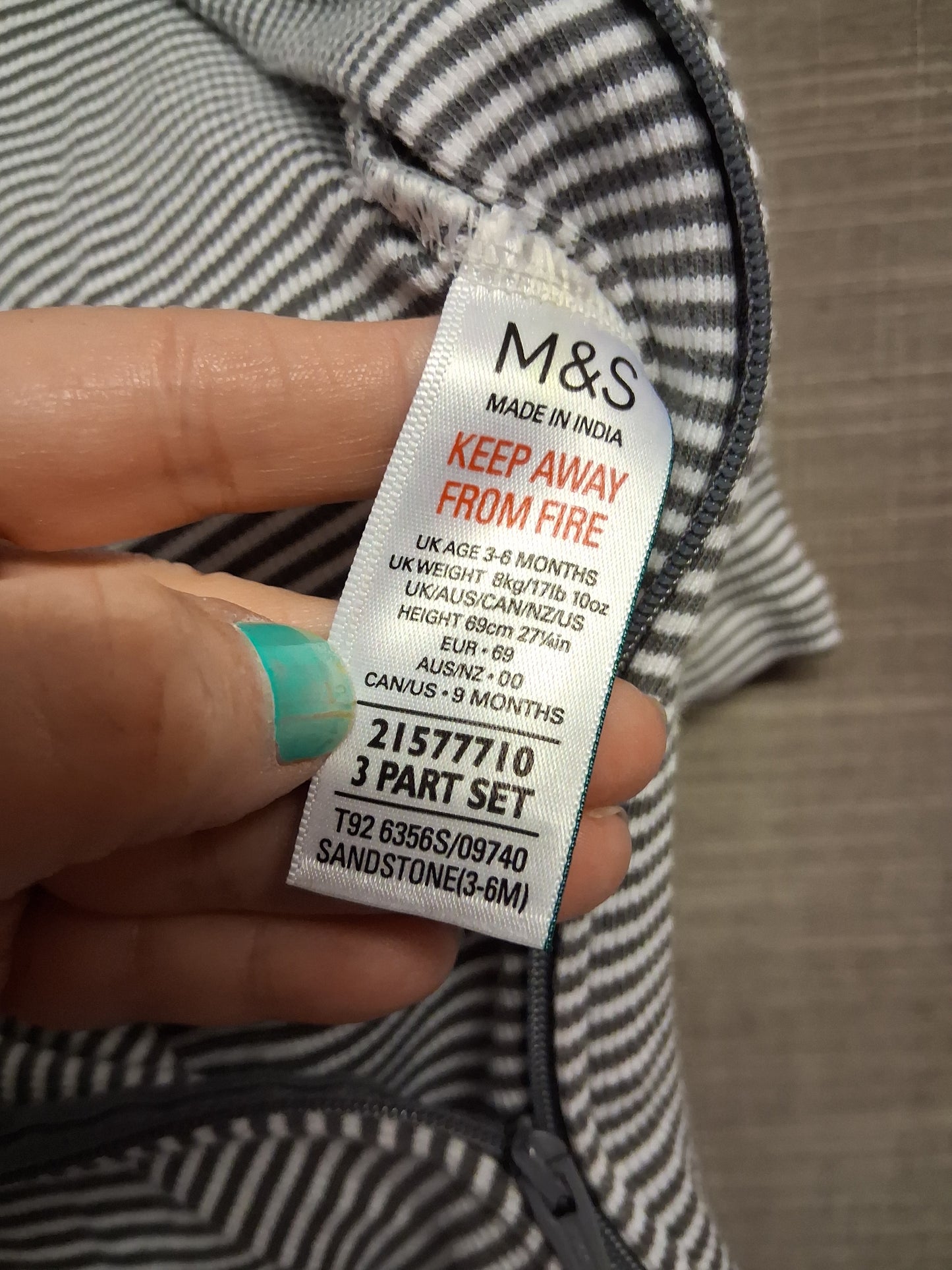 Marks and Spencer Boys Grey Striped Full Zip Sleepsuit Age 3-6 months