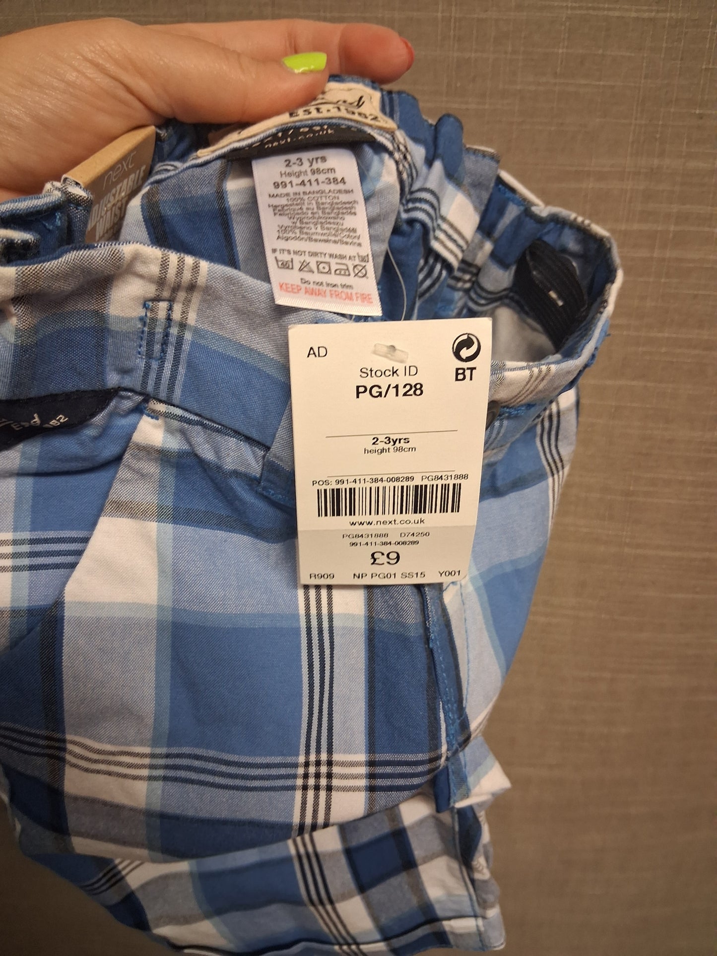 Next Boys Check Blue Shorts Age 2-3 Years Adjustable Waist New