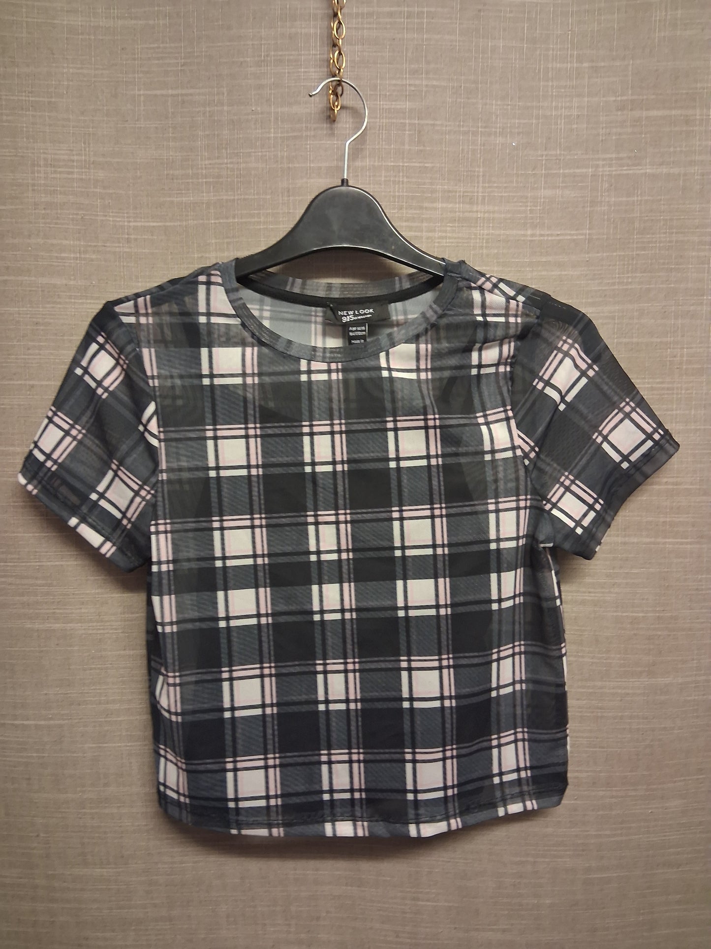New Look Girls Pink Black Check Mesh T-Shirt Built in Camisole Age 14-15 Years