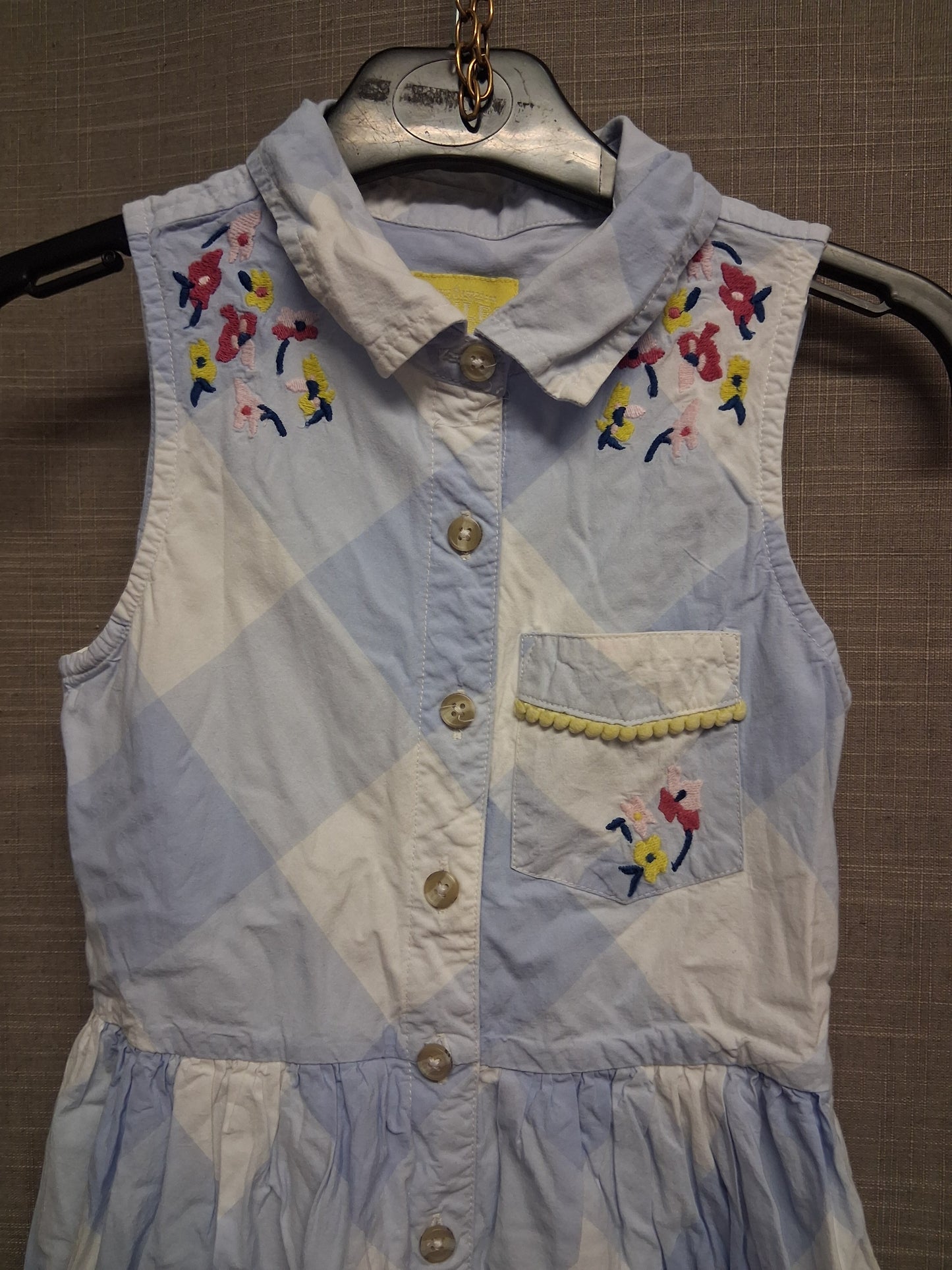 Joules Girls Blue Check Dress Embroidered Floral Age 7-8 Years