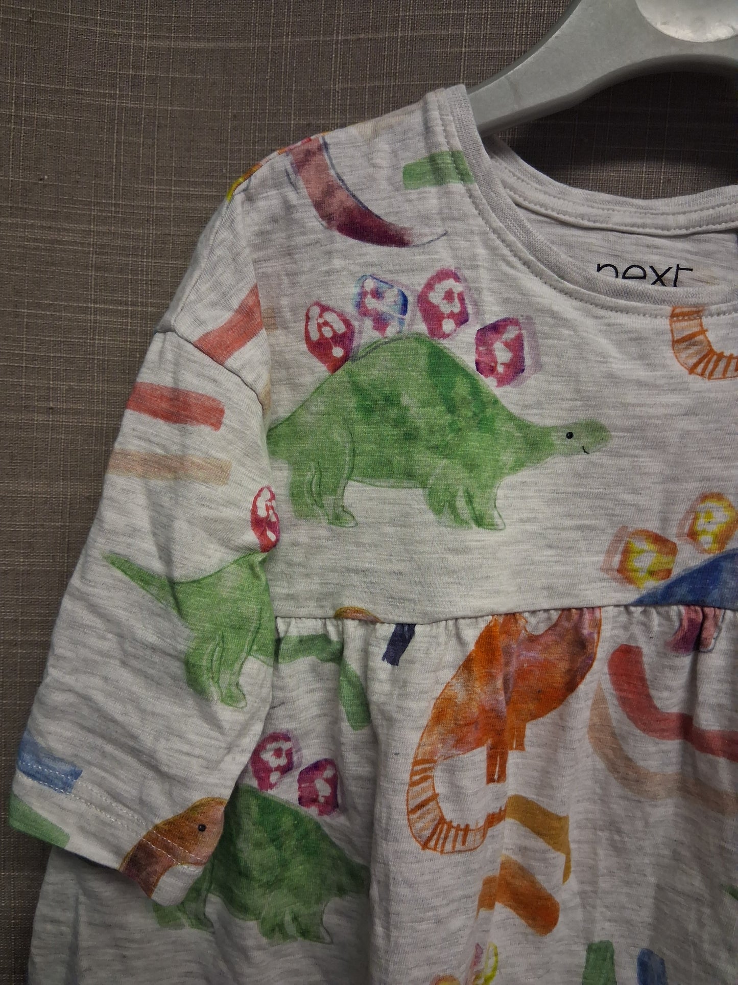 Next Girls Grey Multicolour Dinosaur Theme Jumper Dress Age 6-9 Months